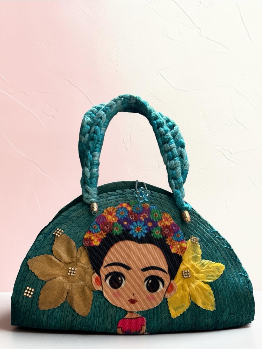 Frida Kahlo Inspired Teal Woven Palm Leaf Handbag Floral Folk Art Purse